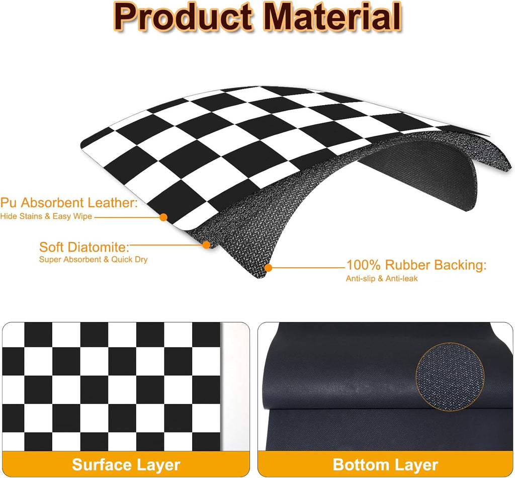 Dish Drying Mat for Kitchen, 15.7'' x 23.6'' Coffee Bar Mat for Countertops, Checkered Coffee Station Mats with Non-slip Rubber Backed, Absorbent Dish Dying Mat for Kitchen Counter, Black & White