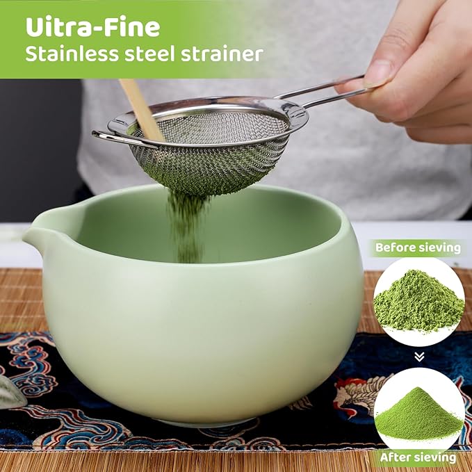 HengLiSam 8PCS Matcha Whisk Set, Ceramic Matcha Kit Set, Japanese Tea Ceremony Tools with Matcha Bowl, Bamboo Whisk, Holder, Sifter, Scoop, Tea Cloth, Spoon and Scoop Stand (Green)