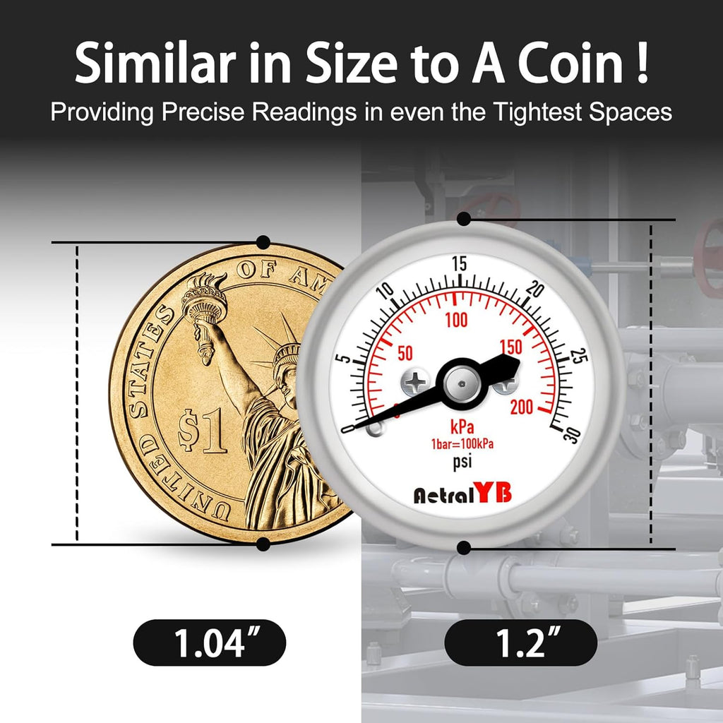 30Psi/200Kpa Mini Pressure Gauge,Stainless Steel Housing,Brass Internal,1.2 Inch Dial,NPT 1/8" Back Mount,Dry Type,Lead-Free Material, for Air,Water,Oil Pressure Test