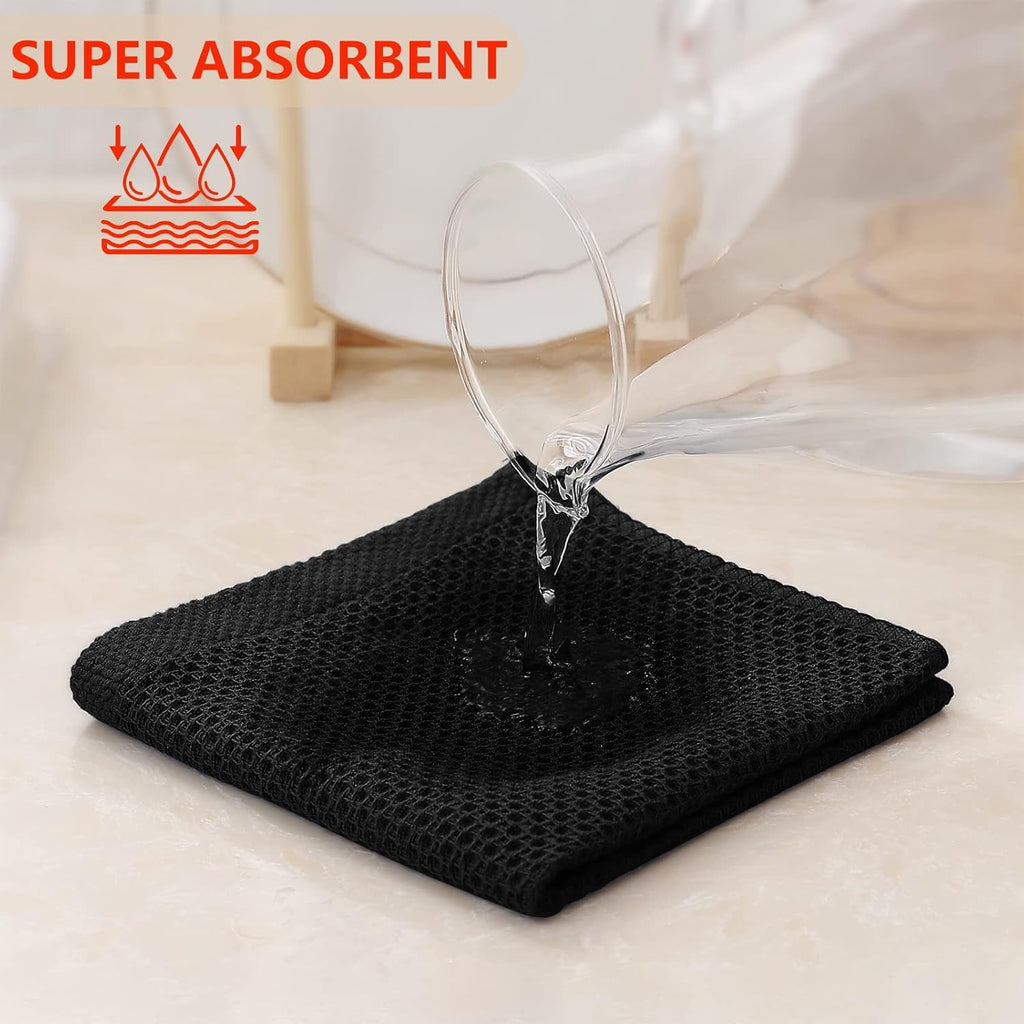 Kitinjoy 100% Cotton Kitchen Dish Cloths, 8 Pack Waffle Weave Ultra Soft Absorbent Dish Towels for Drying Dishes Quick Drying Kitchen Towels Dish Rags, 12 X 12Inch, Black