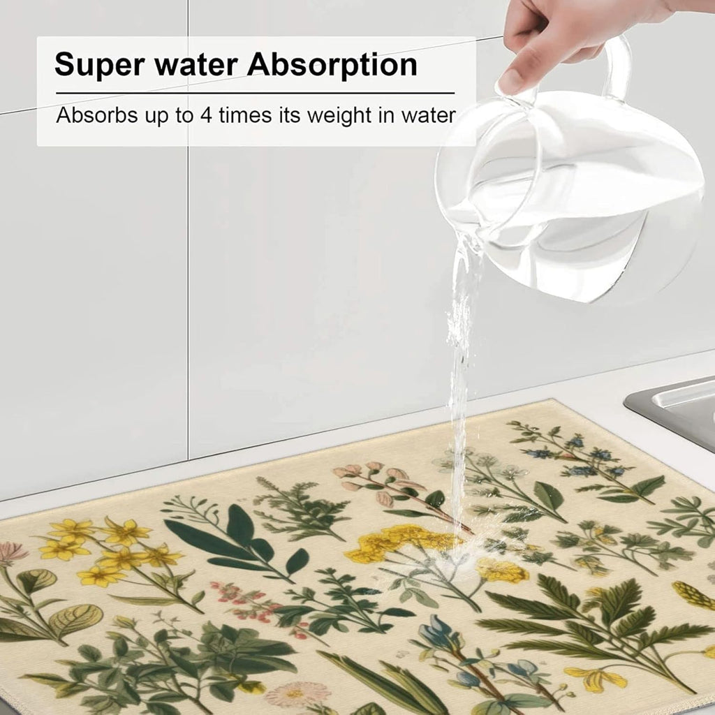 Floral Microfiber Dish Drying Mat XL for Kitchen Counter Absorbent Large Dish Drying Pads Reusable Washable Plants Herbs Draining Mat 18x24 Inch