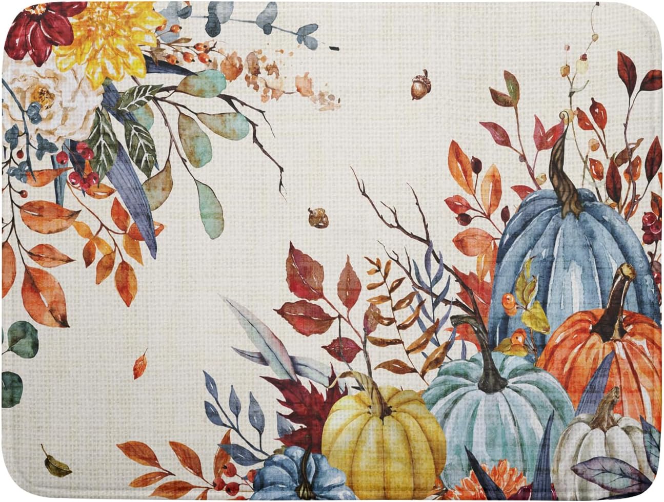 Giwawa Fall Dish Drying Mat for Kitchen Countertop, Watercolor Autumn Teal Blue Orange Pumpkins Floral Dish Drainer Mats, Thanksgiving Harvest Absorbent Dish Drying Pad Decor, 18x24 inch Large