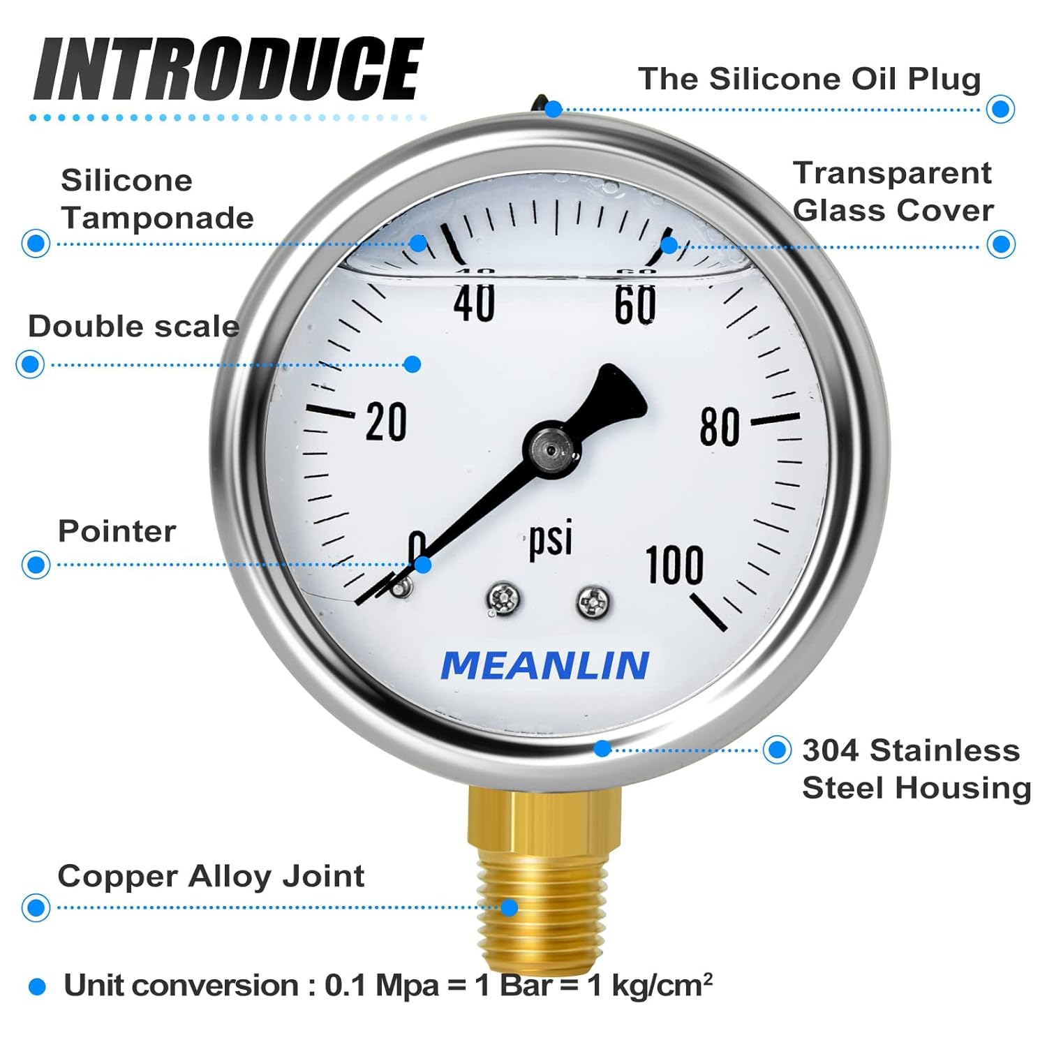 MEANLIN MEASURE 2pcs 0~100Psi Stainless Steel 1/4" NPT 2.5" Single Scale FACE DIAL,Glycerin Filled Pressure Gauge, Lower Mount with 1/4" x 1/2" NPT and 1/4" x 3/8" NPT Hex Bushing