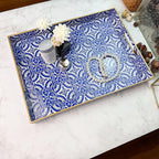 Serving Tray with Handles, Rectangular Decorative Trays for Coffee Table, Plastic Ottoman Tray for Living Room, Decor, Boho Blue, 15.7”*11.8”*1.6"