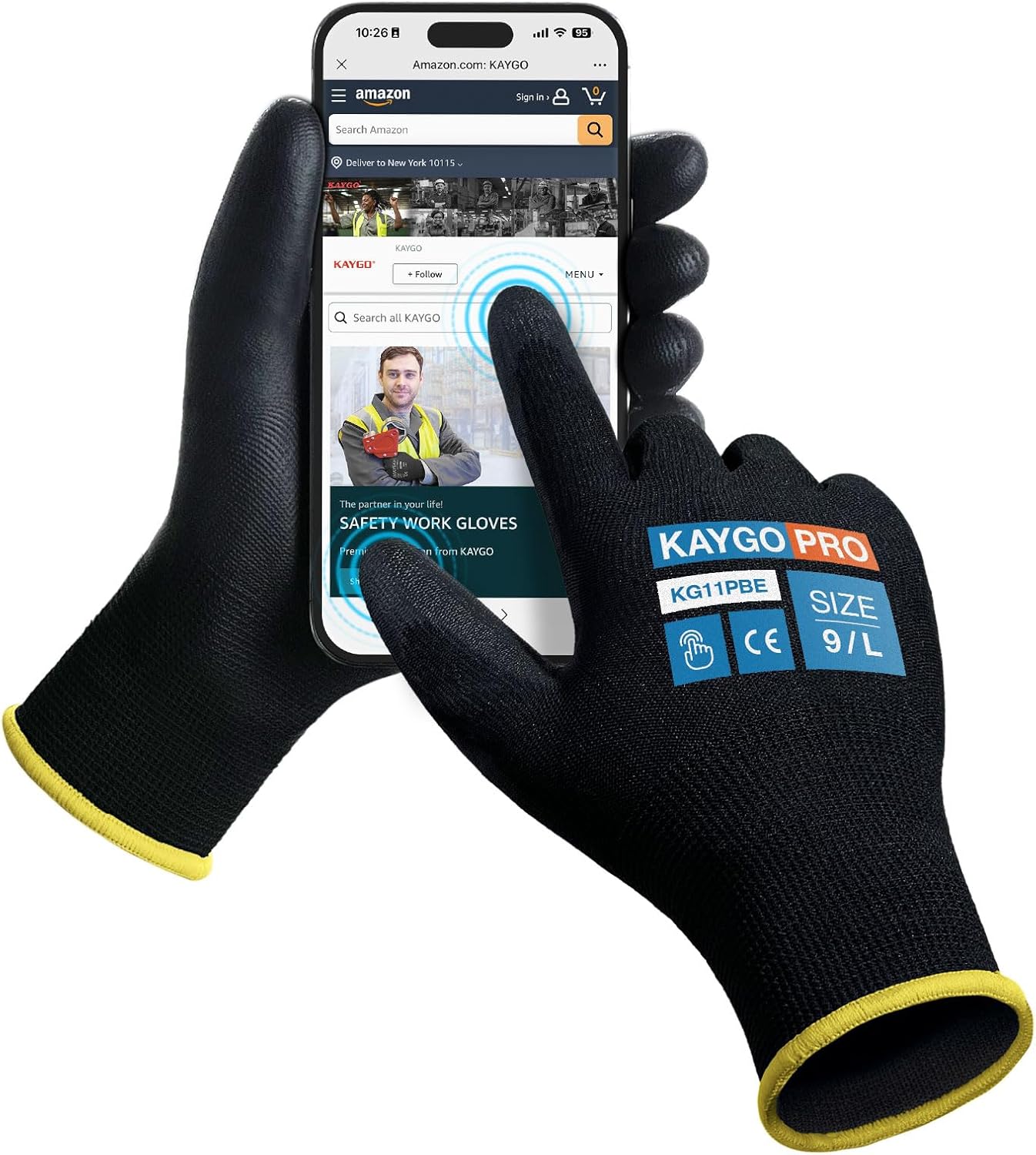 KAYGO Safety Work Gloves PU Coated for Men and Women, 60 Pairs KG11PB, Seamless Knit Glove with Two Fingers Touchscreen, breathable and lightweight Ideal for General Duty Work (Large,Black)