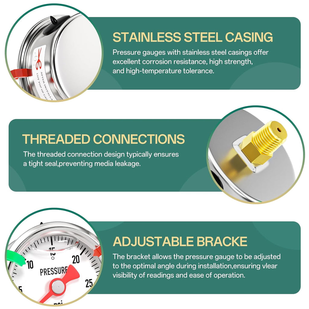 0-30psi Stainless Steel Glycerin Liquid Filled Pressure Gauge 1/8" NPT 1.5" Face Dial, Center Back Mount, for Water, Oil and Air Pressure Testing (with Range Mark Pointer)