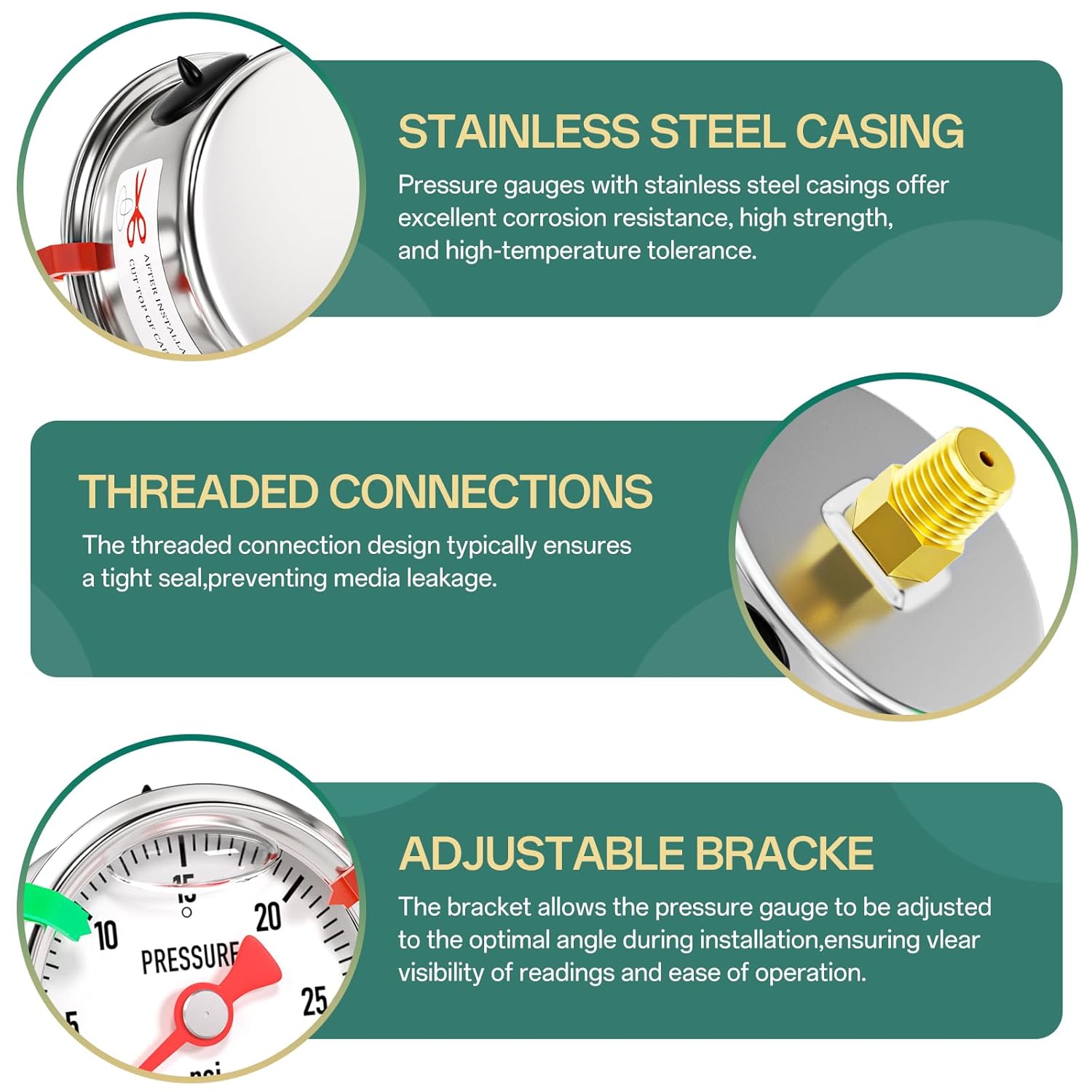 0-30psi Stainless Steel Glycerin Liquid Filled Pressure Gauge 1/8" NPT 1.5" Face Dial, Center Back Mount, for Water, Oil and Air Pressure Testing (with Range Mark Pointer)