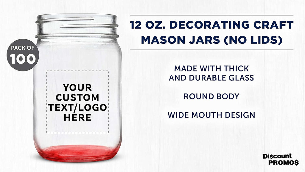 DISCOUNT PROMOS Custom Decorating Mason Jars 12 oz. Set of 100, Personalized Bulk Pack - Glass Jars for Overnight Oats, Candies, Fruits, Pickles, Spices, Beverages - Red