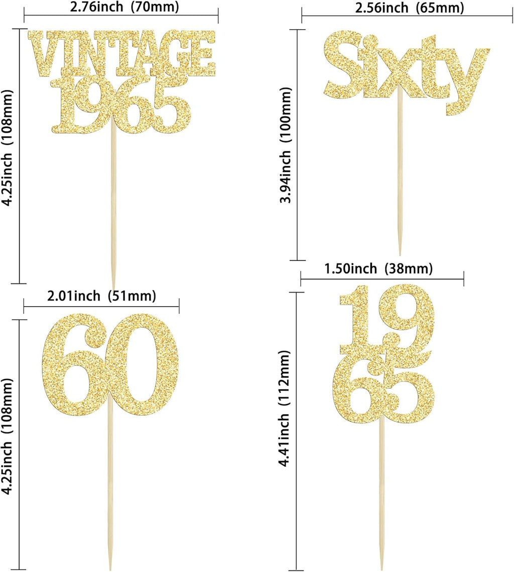 Gyufise 24Pcs 60th Birthday Cupcake Toppers Cheers to 60 Fabulous Sixty Cupcake Picks Vintage 1965 Decorations for 60th Birthday Wedding Anniversary Party Cake Decorations Supplies Gold