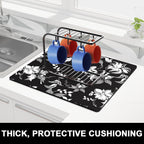 Rnivvi Dish Drying Mat for Kitchen Counter, 16 x 18" Cute Flower Theme Absorbent Heat Resistant Drying Pad with Non-slip Rubber, Coffee Bar Mats for Dish Rack Kitchen Accessories, Black White