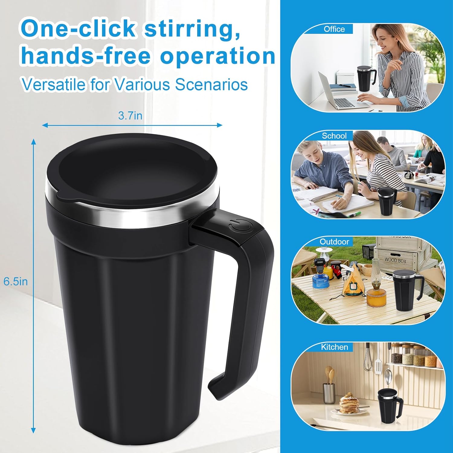 Self Stirring Coffee Mug with Temperature Display, 15oz Automatic Magnetic Mixing Cup, Rechargeable Travel Mug for Coffee, Milk, Cocoa - (Black)