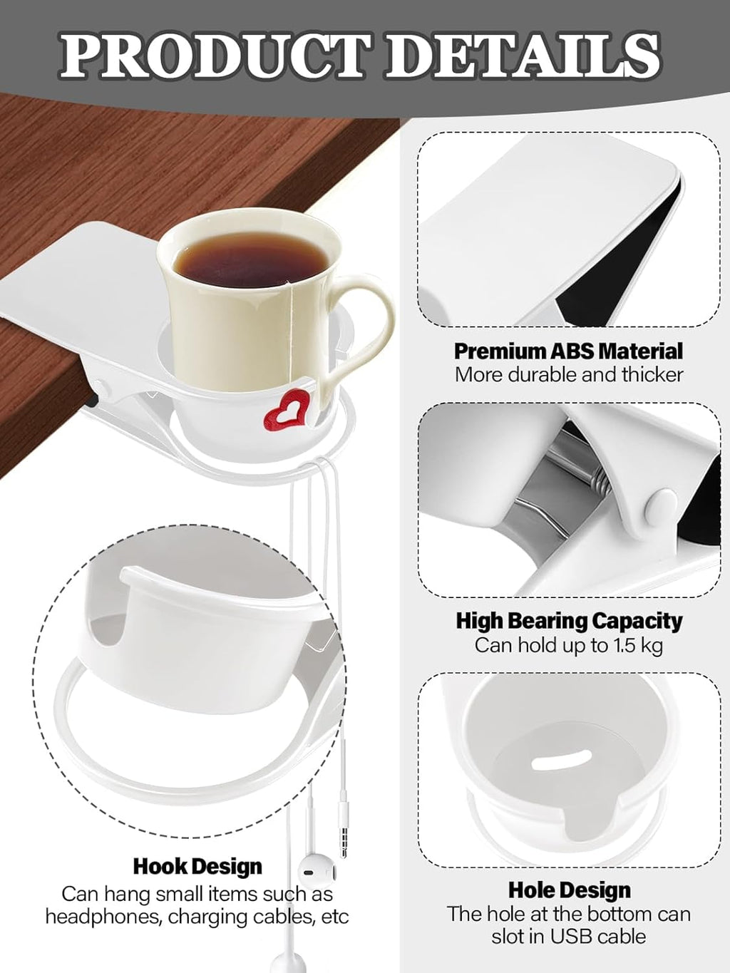 3PCS Drinking Cup Holder Clip Kalolary Chair Desk Bottle Cup Stand DIY Glass Clamp Storage Saucer Clip with Groove for Potted Plant Beverage Coffee Mug Holder Clip for Home & Office (White)