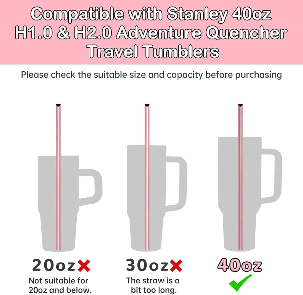 NiHome 12-Inch Heart-Shaped Stainless Steel Drinking Straws for Stanley Tumbler 40oz 10-Pack with 2 Cleaning Brushes, Reusable for Hot & Cold Drinks, Dishwasher Safe, Safe Edges for Kids (Pearl Pink)