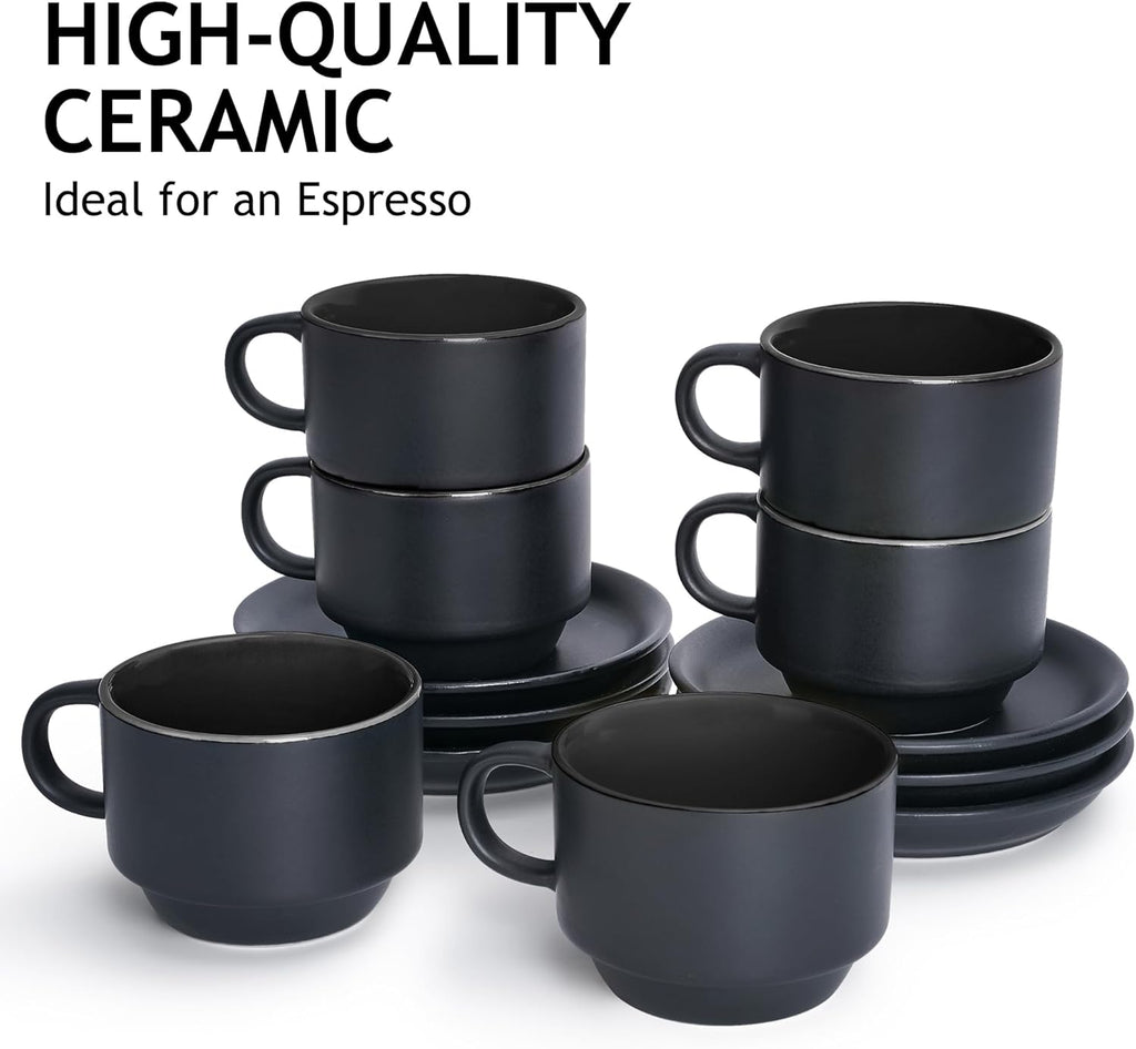 MIAMIO - 2.5 oz Espresso Cup Set with Saucers Coffee Mug Set of 6 - Ceramic Coffee Mug Stackable Espresso Mug with Stand for Coffee Drinks, Latte, Cafe Mocha - Le Papillon Collection (Black)