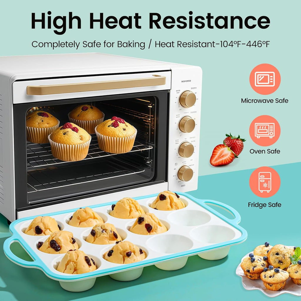 Silicone Muffin Pans for Baking 1 Pack, 2.6 Inch with Metal Reinforced Frame, Regular Size Nonstick Cupcake Pan 12 Cups for Baking Homemade Muffins, Dishwasher Safe BPA Free-Blue