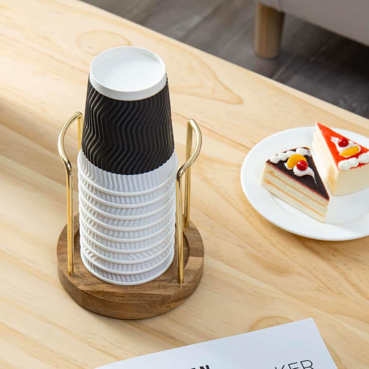 MyGift Premium Acacia Solid Wood and Brass Tone Metal Wire Countertop Plastic Cup Holder, Guest Drink Station Storage, Dispenser for Disposable Coffee Cups
