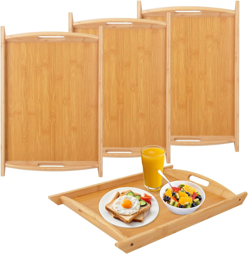 4 Pack 17.3 Inch Large Bamboo Serving Tray with Handle, Decorative Bamboo Breakfast Tray for Breakfast, Kitchen, Outdoor Picnic, Snack (17.3 x 12 x 1.2 Inch)