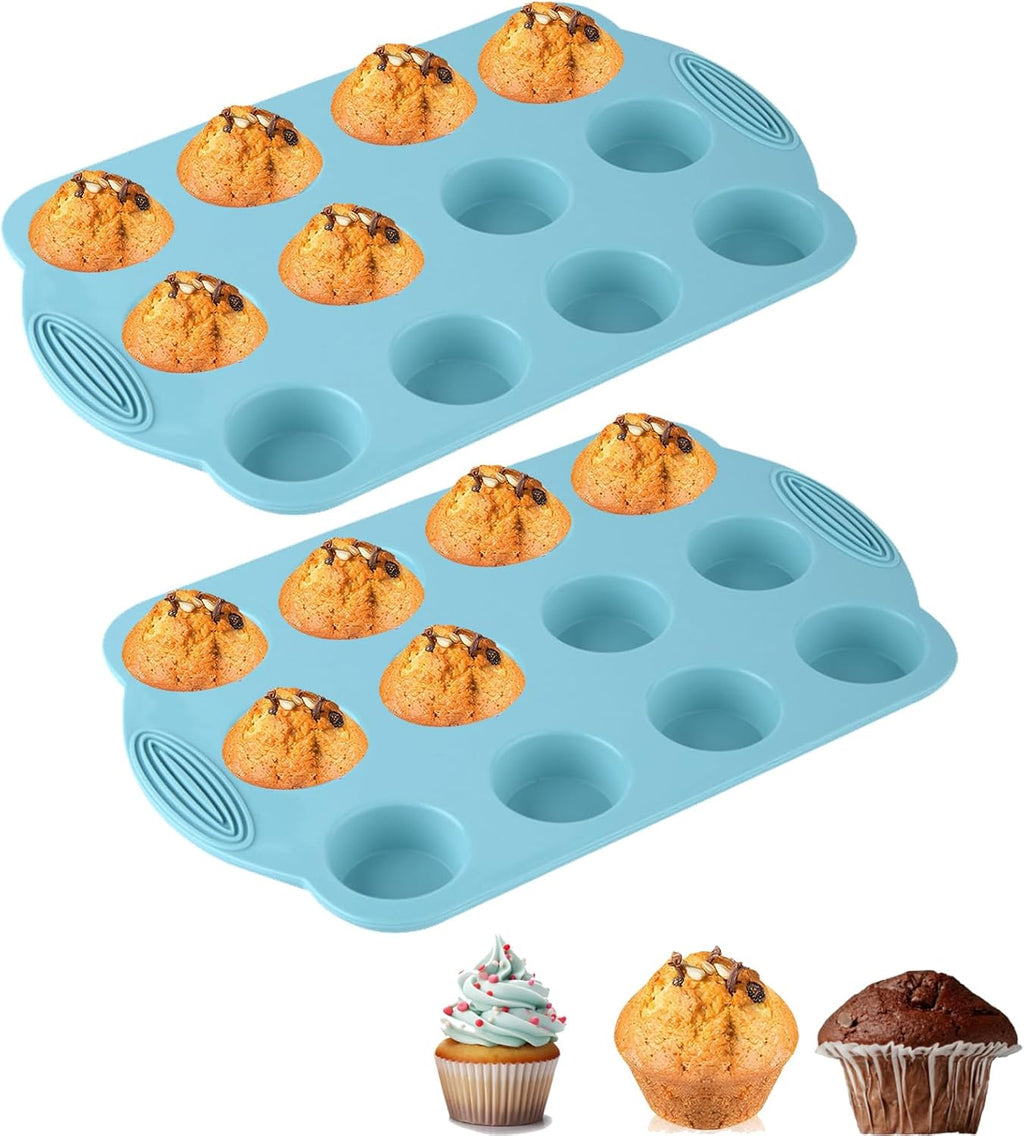2 Pack Silicone Muffin Pan - 12 Regular Size Cups Muffin Pan, Non-Stick Cupcake Pan Great for Homemade Muffins,Cupcakes, Muffin Cakes, Oven and Dishwasher Safe BPA Free（Blue）