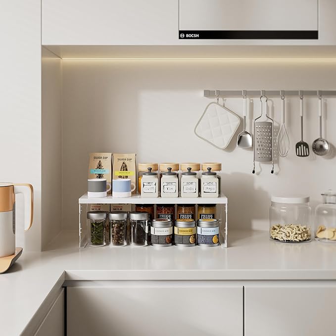 Stackable Expandable Metal Shelf Organizer - Adjustable Wire Storage Rack with Holes for Kitchen, Bathroom, Cabinet, Office - Space Saving, Durable & Sturdy Design（2PACKS/Large/White