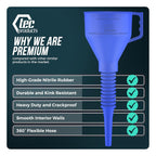 FlexAll Long Flexible Funnel for Automotive Use - Durable Nitrile Rubber - Ideal for Car Oil Change, Transmission Funnel Fluid, Diesel, Fuel, Gas - Made in USA - Blue (16 x 5 Inches)