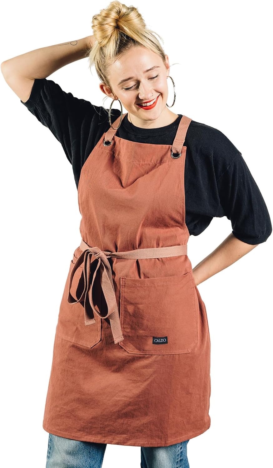 Caldo Crossback Kitchen Apron for Cooking - Mens and Womens Professional Chef or Server Bib Apron - Adjustable Crossback Style - Rustic- Midweight Cotton (Terracotta)