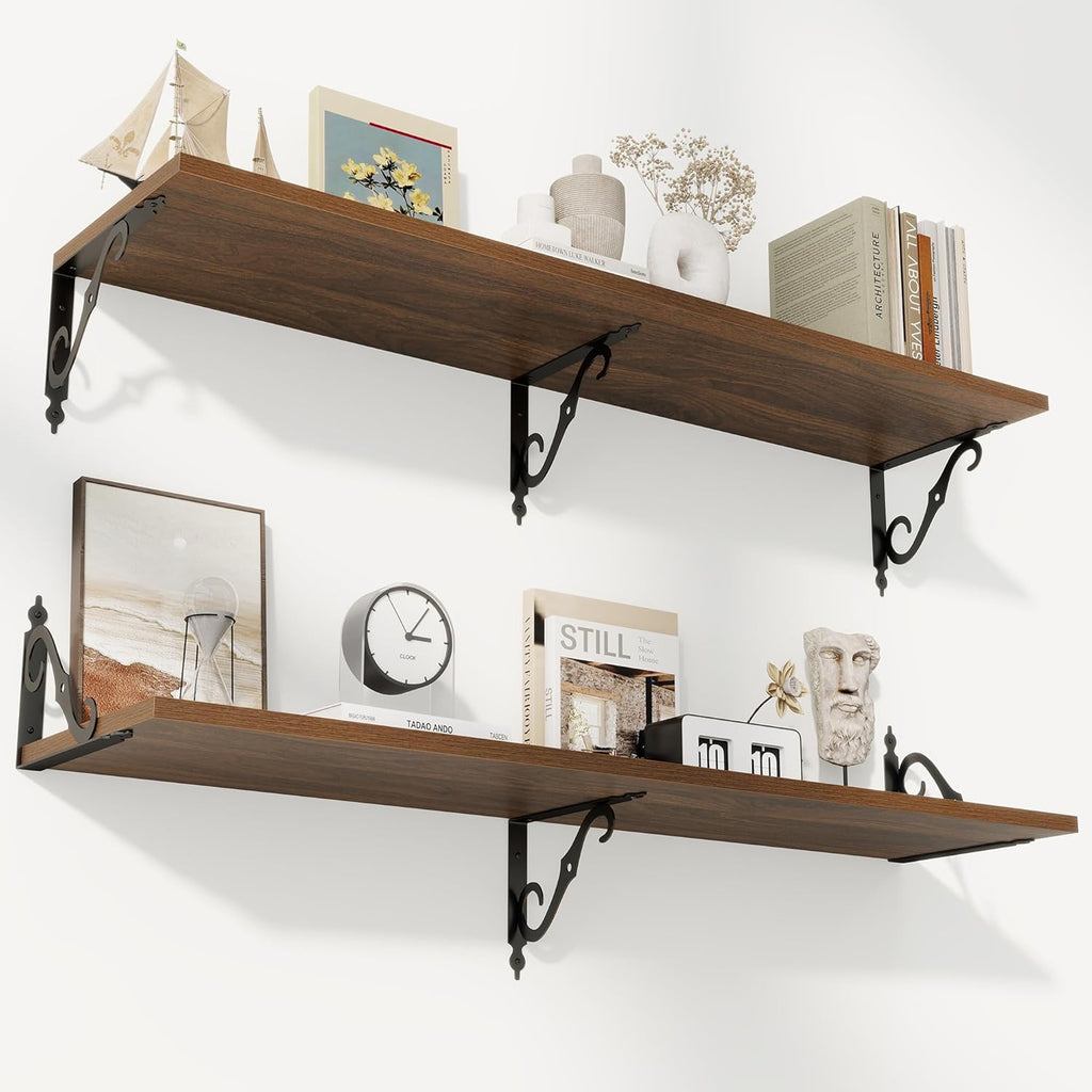 RICHFOCUS 12 Inch Deep Floating Shelves for Wall, 48" W x 12" D Wood Wall Shelves Set of 2, Wide Floating Shelves for Living Room, Bedroom, Kitchen, Bathroom and Decor Storage, Walnut