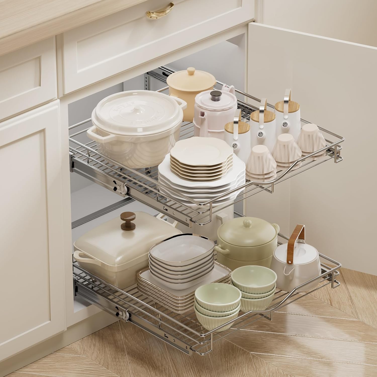 DINDON Pull Out Cabinet Organizer (22-1/2" W x 21-1/2"D), Cabinet Pull Out Shelves, 2 Tier Pull Out Drawers for Kitchen Cabinets, Wire Basket Slide Out Shelf, Pot and Pan Organizer