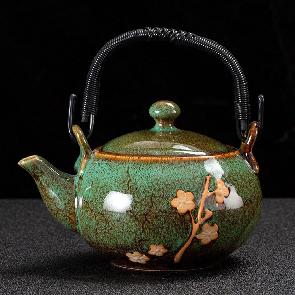 KEYDUACU Japanese Tea Set, Kiln-Formed Ceramic Tea Set, Plum Blossom Embossed, Includes 1 Teapot, 6 Teacups,Tea Tray,Strainer, Used for home, outdoor, gift, Chinese Kung Fu Tea Set(FDMH-GREEN)