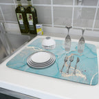 Teal Blue Marble Dish Drying Mat for Kitchen Counter Decor 18x24 Inch Absorbent Reversible Microfiber Turquoise Gold Dish Drying Pad Green Dish Drainer Rack Mats for Coffee Bar