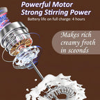 Electric Milk Frother Handheld & Stand, Rechargeable with Detachable Whisk - Fast Foam Maker for Latte, Cappuccino, Hot Chocolate, Egg – Black