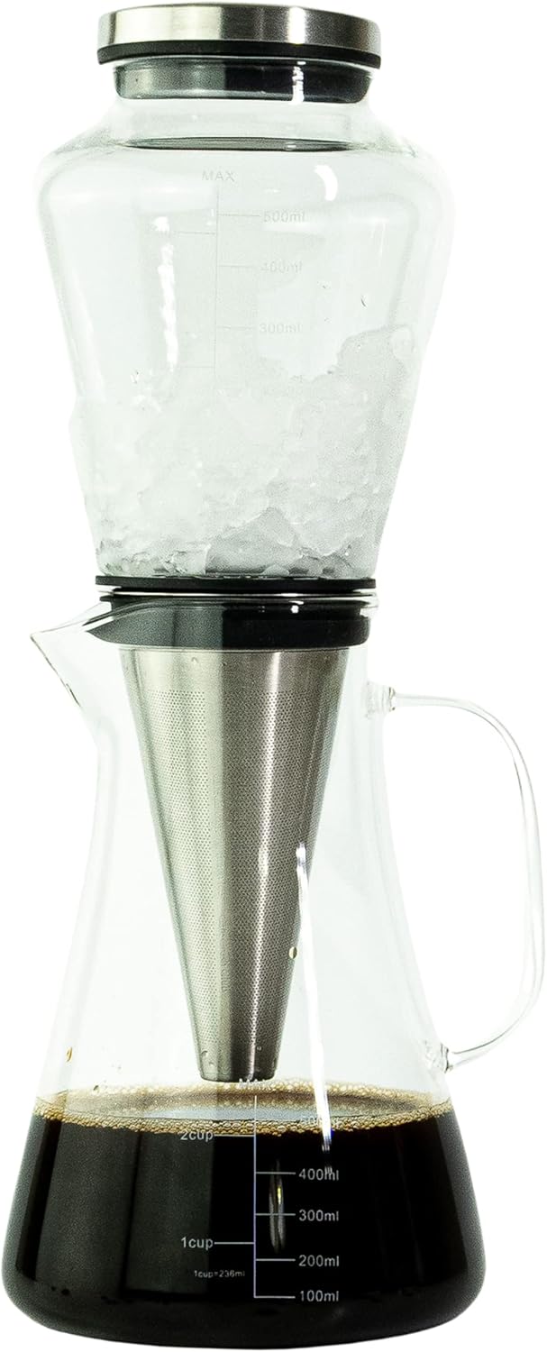 Ice Dripper Cold Brew Coffee Maker - Fire Toughened Borosilicate Glass Pitcher - 304 Stainless Steel Filter - 500ml - Cafe Crush Club