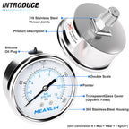 MEANLIN MEASURE 0~200Psi Liquid Filled Pressure Gauge Stainless Steel with 316 Stainless Steel Joint 1/4" NPT 2.5" FACE DIAL for Air Compressor Air Regulator Water Filter Center Back Mount