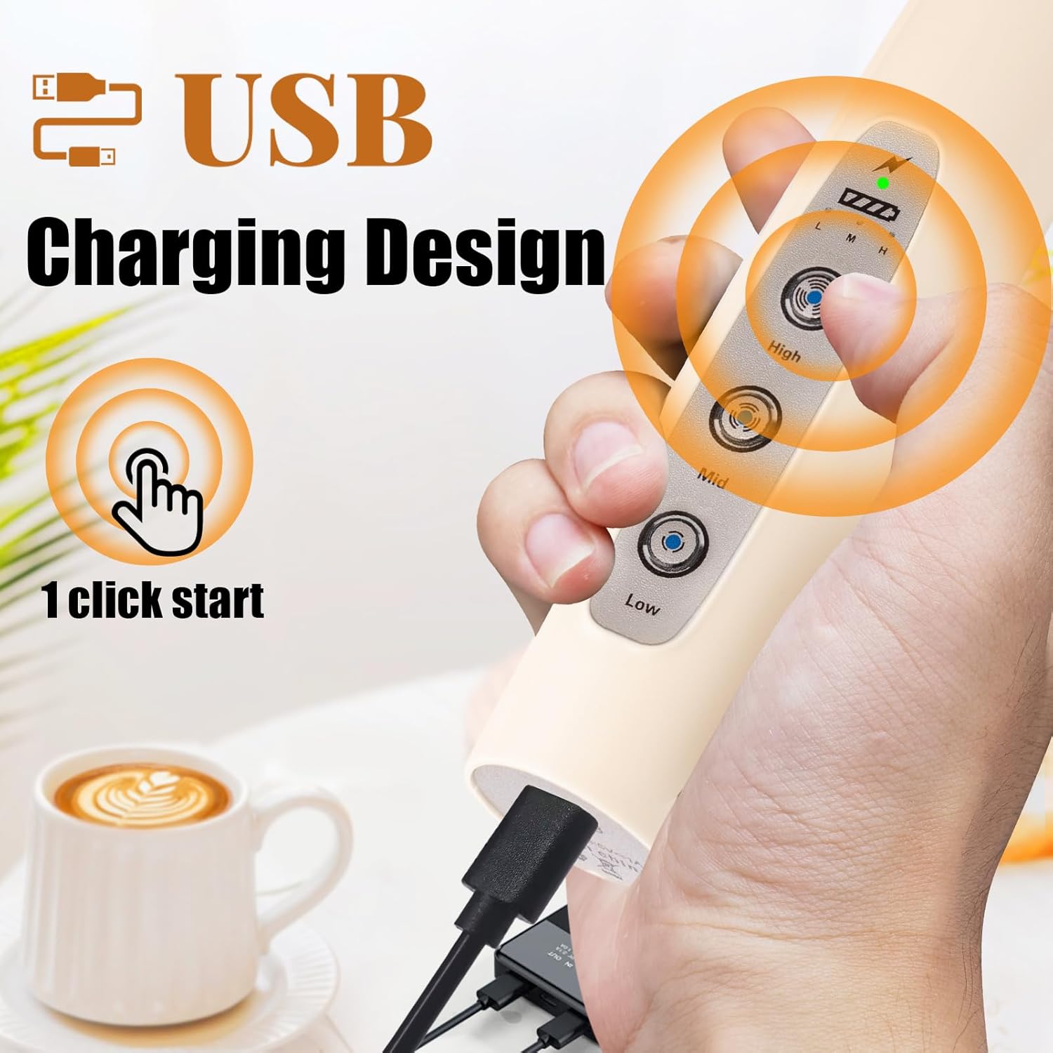 Nahida Beige Milk Frother Wand for Coffee, Frother Handheld Rechargeable Electric Whisk with 3 Heads 3 Speeds Drink Mixer Coffee Frother Foam Maker For Latte, Cappuccino, Hot Chocolate, Egg