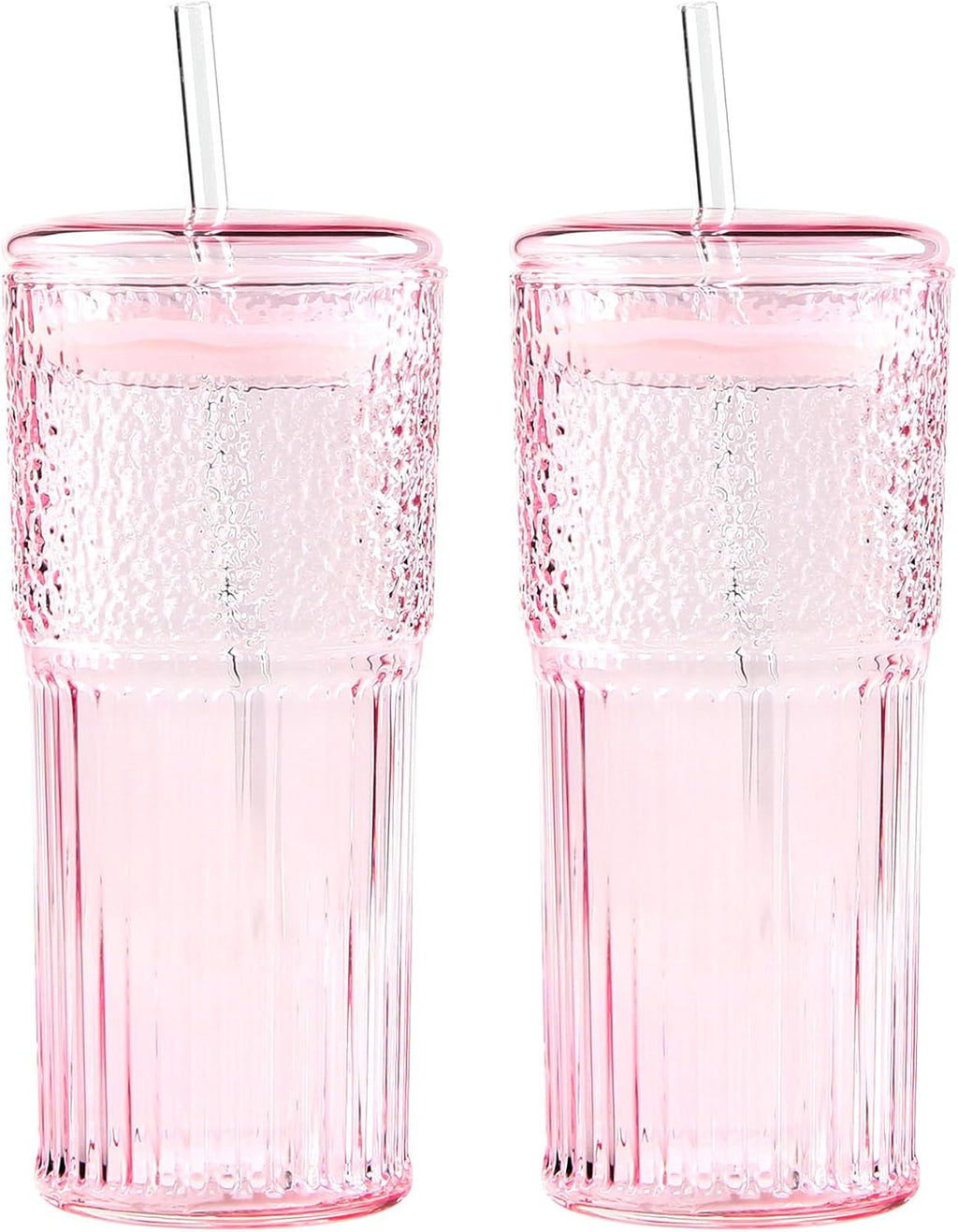 GOSCHE Glass Coffee Cups with Lids and Straws, 20oz Drinking Jar Glass Tumbler for Iced Coffee, Vintage Ripple Glassware Smoothie Cups, Pink, 2Pcs