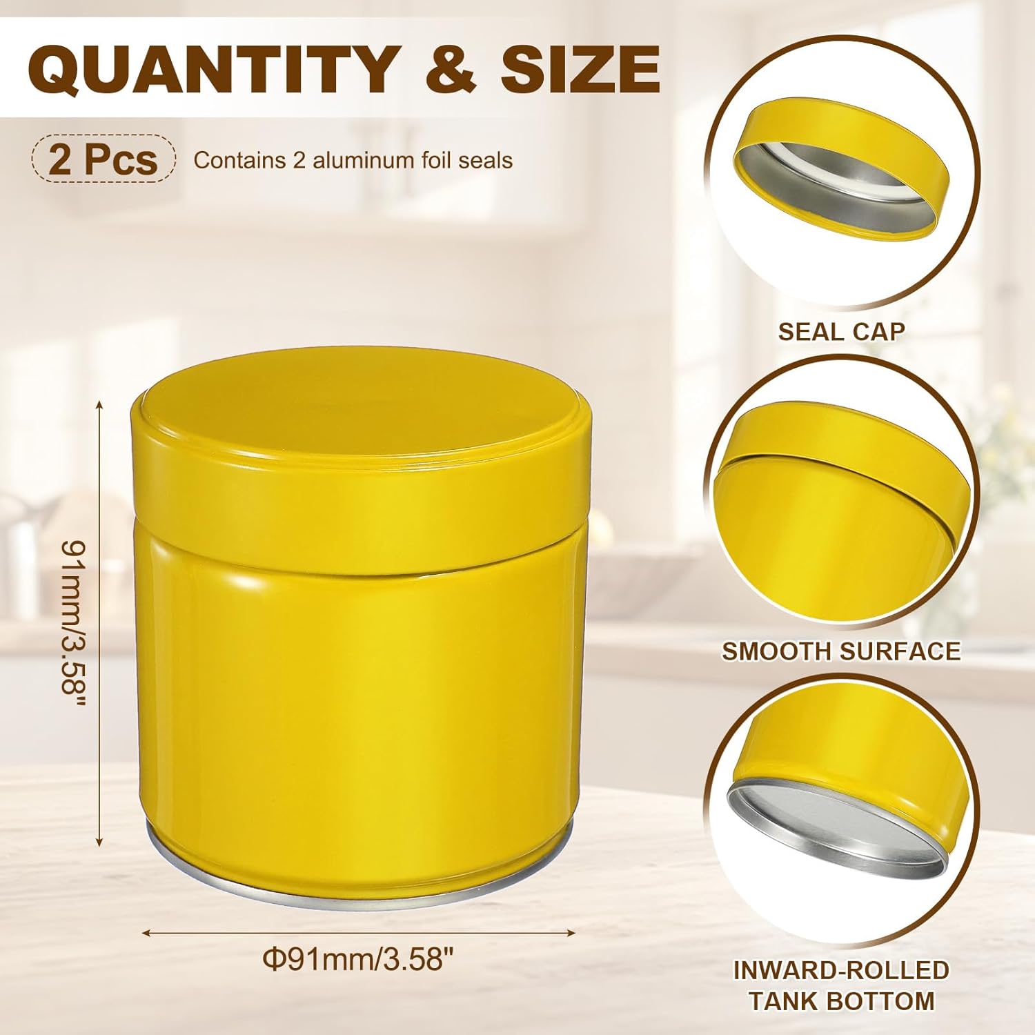 uxcell 2Pcs Round Tea Canisters, 4" x 4" Airtight Metal Tea Containers for Loose Tea, Coffee Beans, Spices - Durable, Compact, and Stylish Storage Tea Tin (Yellow)