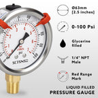 0 to 100 Psi Pressure Gauge, Glycerin Liquid Filled, 2.5 inch Dial, 1/4" NPT Lower Mount, Stainless Steel Case, for Water Pump, Pneumatic Air, Well Tank, RV Hose, Gas, Low Pressure Test