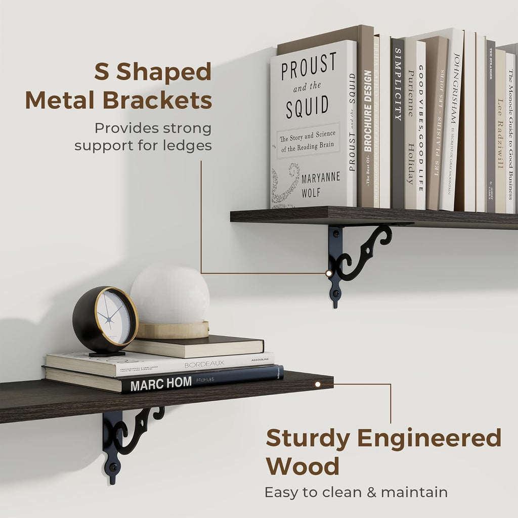 RICHFOCUS Floating Shelves for Wall Decor, 35.4W x 8D Wall Shelves Set of 2, 8 Inch Deep Rustic Wood Shelves Wall Mounted with Brackets, Long Floating Shelves for Living Room Bedroom Kitchen, Black