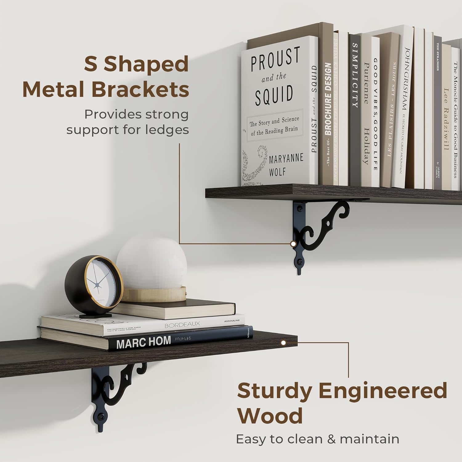 RICHFOCUS Floating Shelves for Wall Decor, 39.4W x 8D Wall Shelves Set of 2, 8 Inch Deep Rustic Wood Shelves Wall Mounted with Brackets, Long Floating Shelves for Living Room Bedroom Kitchen, Black