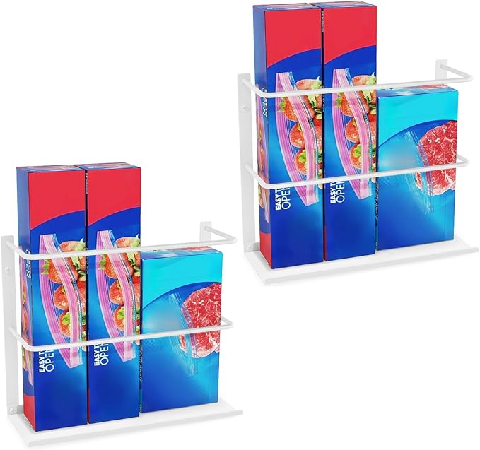 2 Pack Kitchen Wrap Organizer Door Mount, Aluminum Foil Holder Cabinet Door Organizer Cabinet Storage Basket for Kitchen Wrap/Food Bag Storage, White