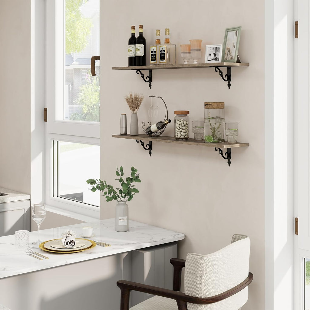 RICHFOCUS Floating Shelves for Wall Decor, 39.4W x 8D Wall Shelves Set of 2, 8 Inch Deep Rustic Wood Shelves Wall Mounted with Brackets, Long Floating Shelves for Living Room Bedroom Kitchen, Grey