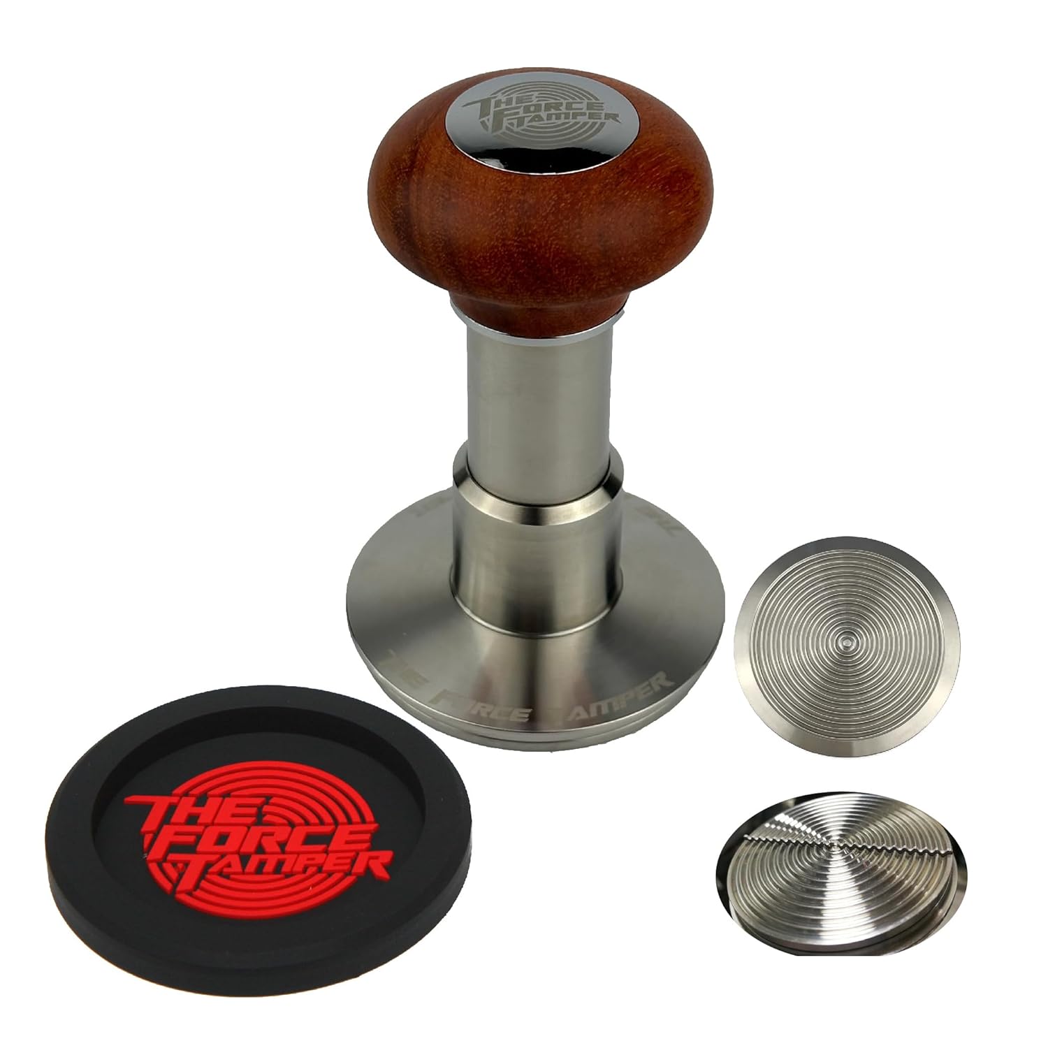 The Force Tamper Automatic Impact Adjustable Constant Pressure and Autoleveling Coffee Tamper Reddish Brown Jellyfish Wooden Handle Set Pro (C-Ripple Distribute Set, 58.35mm)