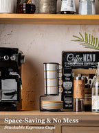 Gomakren 2.5 Ounce Espresso Cups Set of 4, Small Stackable Coffee Cups with Saucers and Metal Stand, Porcelain Demitasse Cups for Specialty Coffee Drinks, Espresso, Cappuccino, Latte, Tea, Gray