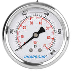 Glycerin Filled Pressure Gauge 1000psi/70bar, Stainless Steel case, Brass Inside Construction, 2-1/2" dial, 1/4" NPT Back Connection…