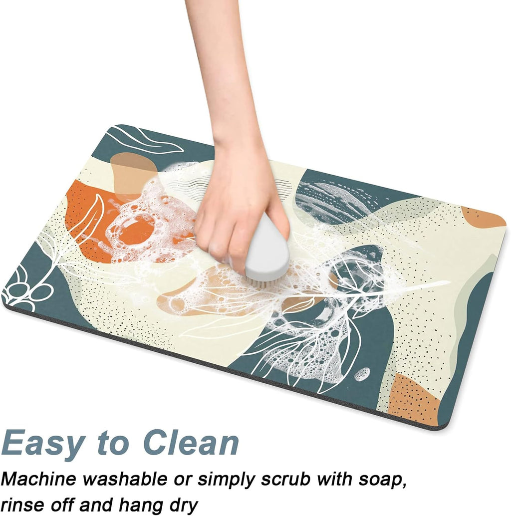 Rnivvi Coffee Mat, 12" x 19" Cute Boho Theme Coffee Bar Mats for Espresso Machine Station Accessories and Organizer, Hide Stain Rubber Backed Absorbent Dish Drying Pad for Kitchen Counter, Leaves