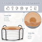 6 Pcs Coasters for Drinks with Holder, Boho Mountain Sun Absorbent Ceramic Coasters with Cork Base,Cute Funny Table Drinks Coasters Tabletop Protection Mat,Table Home Decor,4 Inches