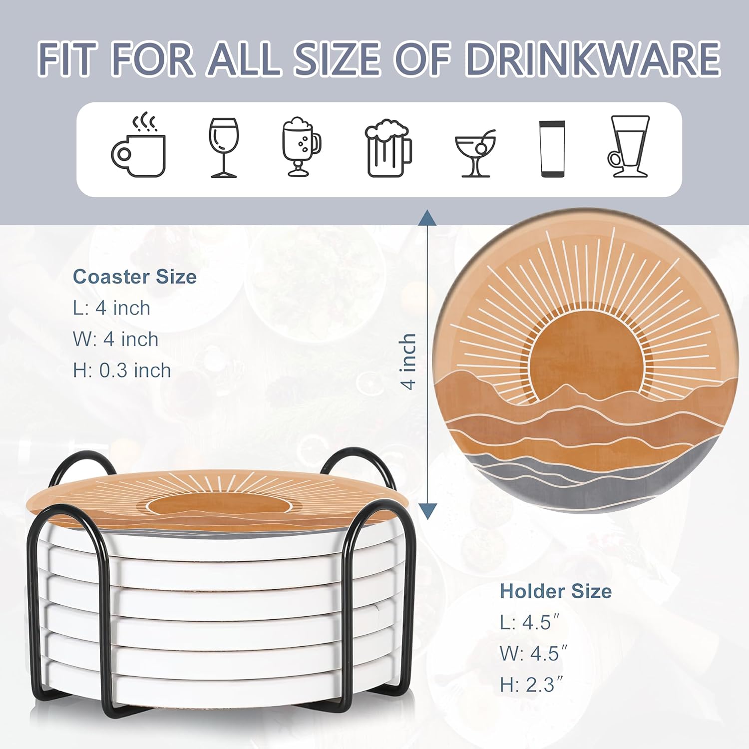 6 Pcs Coasters for Drinks with Holder, Boho Mountain Sun Absorbent Ceramic Coasters with Cork Base,Cute Funny Table Drinks Coasters Tabletop Protection Mat,Table Home Decor,4 Inches