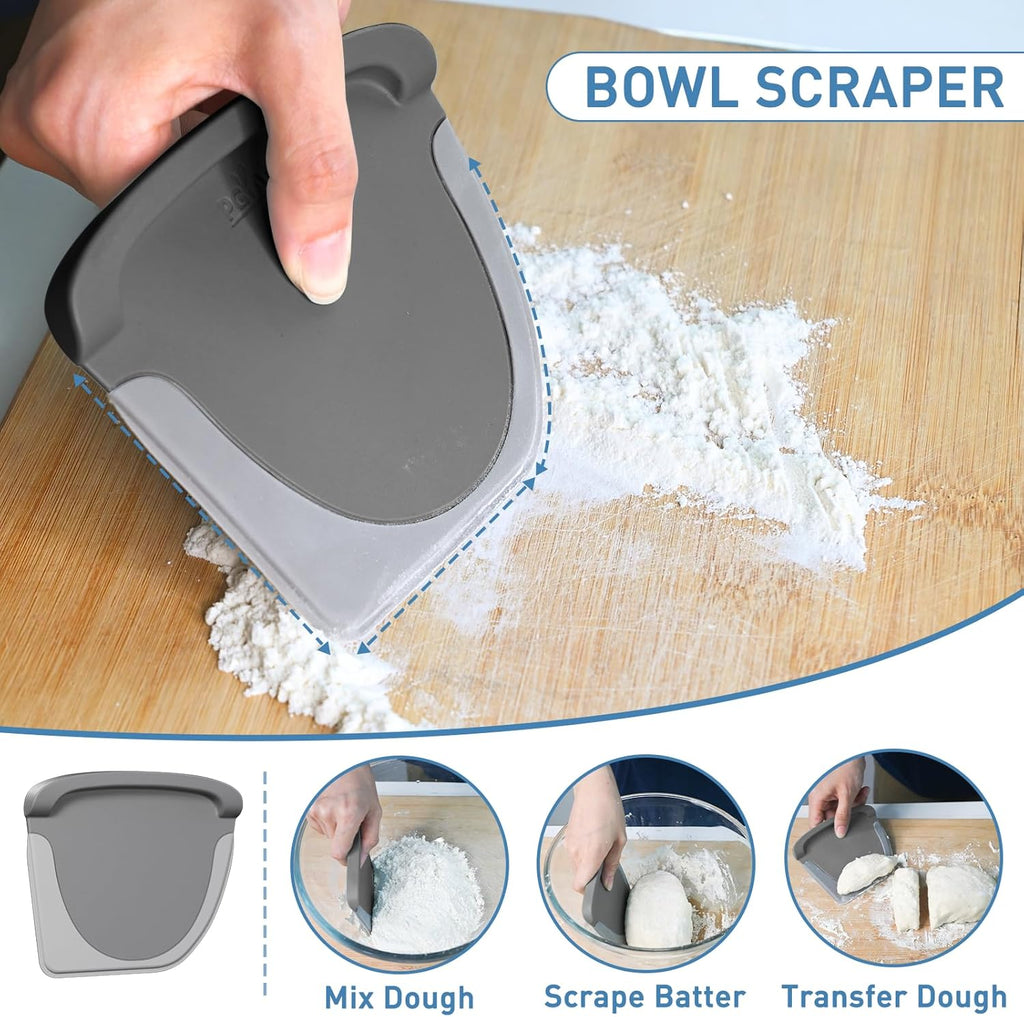 2 IN 1 Upgrade Bench Scraper, Dough Scraper for Pastry Bread Cake Pizza, Stainless Steel Dough Cutter with Conversion Chart & Measuring Scale, Bowl Scraper Food Scraper for Kitchen Baking, Gray