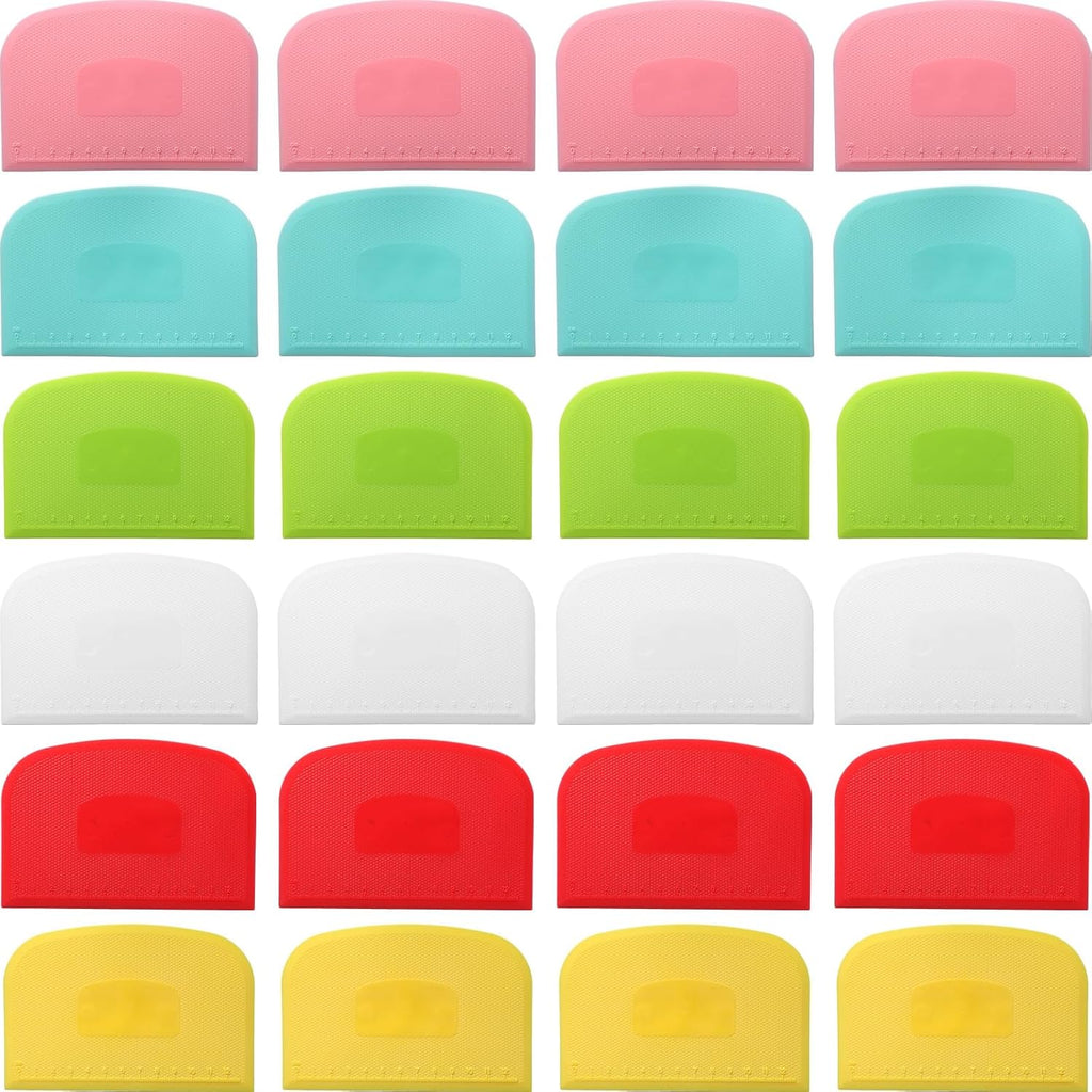 Uiifan 24 Pcs Plastic Bench Scraper with Scale Flexible Dough Multipurpose Cake Cutter Pizza Dough Spatula Food Scraper Tool Gift for Bread Pastry Fondant Icing, 6 Colors