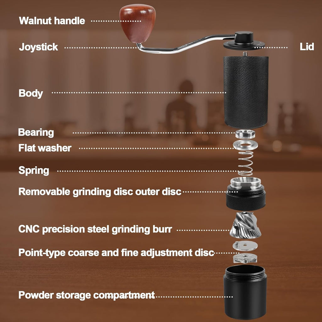 Manual Coffee Grinder Detachable Stainless Steel Conical Burr Aluminum Coffee Bean Grinder with 25 Grinding Settings Cleaning Brush Grindable Espresso Moka Pot French Press for Camping Black