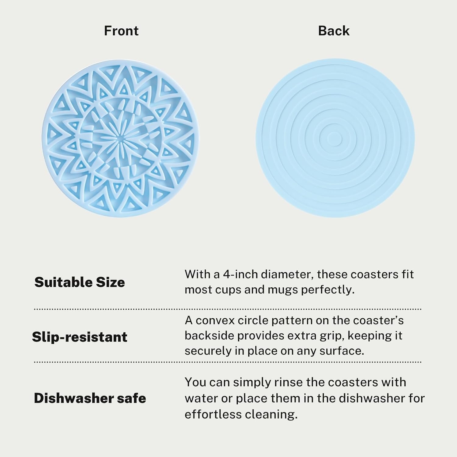 Set of 6 Baby Blue Silicone Coasters with Holder, Drink Coasters with Tribal Pattern Shape- for Table Protection, Anti Slip, Nonstick, Heat Resistant, Deep Tray